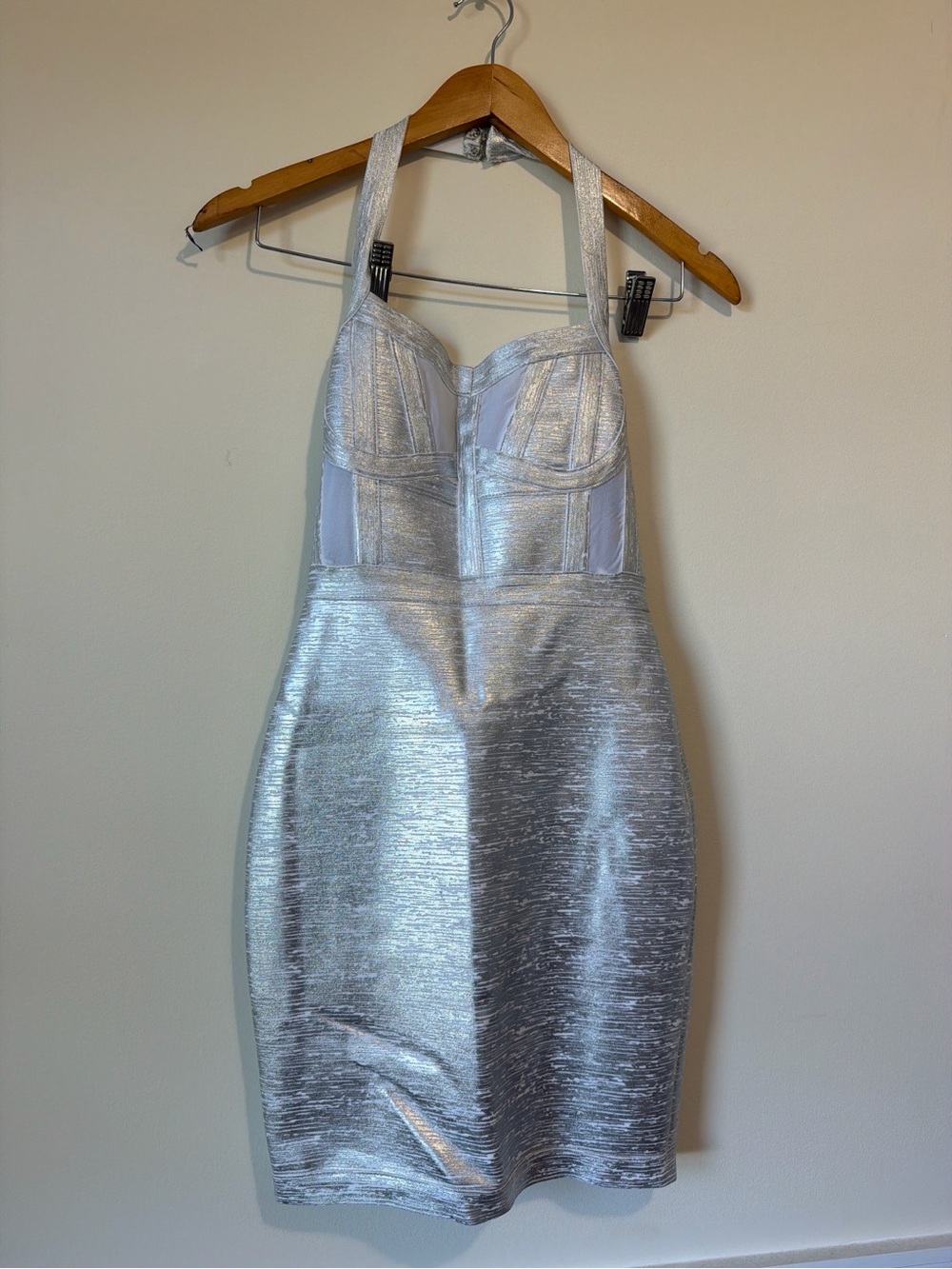 Fashion Nova Silver Metallic Halter Bodycon Mini Dress